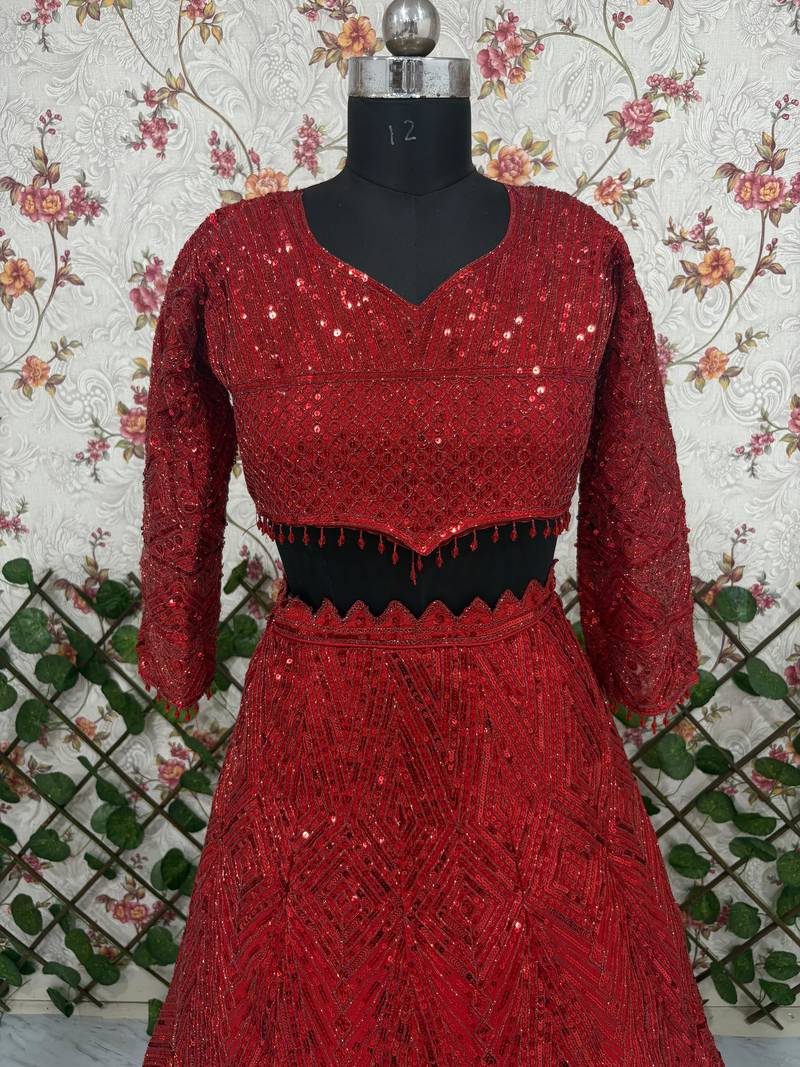 Red Color Thread Embroidery,Dori Work With Sequins Work Faux Georgette Lehenga Choli