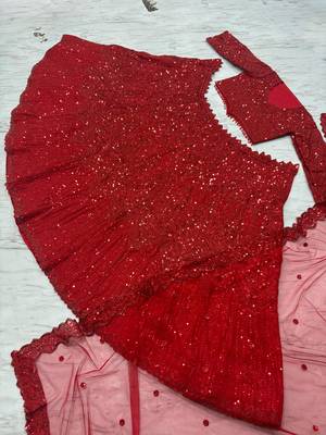Red Color Thread Embroidery,Dori Work With Sequins Work Faux Georgette Lehenga Choli 5
