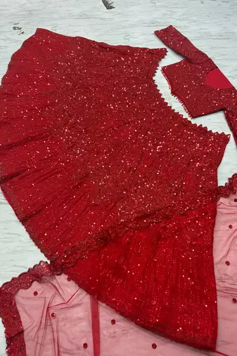 Red Color Thread Embroidery,Dori Work With Sequins Work Faux Georgette Lehenga Choli