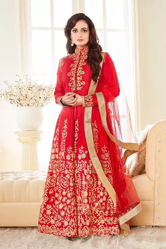 Red Banglori Silk Embroidered Wedding Wear Designer Anarkali Suit