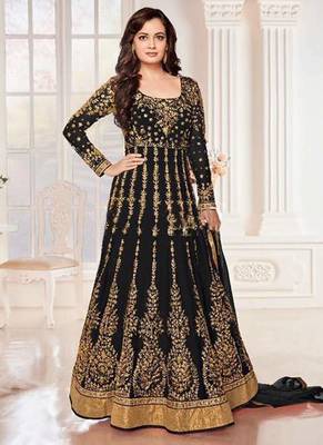 Black Net Resham Embroidered Wedding Wear Designer Anarkali Semi-Suit 1