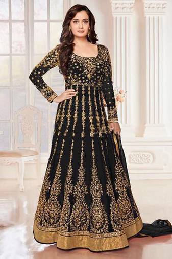 Black Net Resham Embroidered Wedding Wear Designer Anarkali Semi-Suit