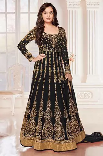 Black Net Resham Embroidered Wedding Wear Designer Anarkali Semi-Suit