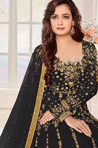 Black Net Resham Embroidered Wedding Wear Designer Anarkali Semi-Suit