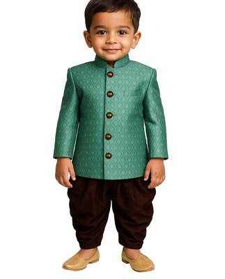 boy's green and coffee indowestern sherwani and cowl dhoti pant set 1