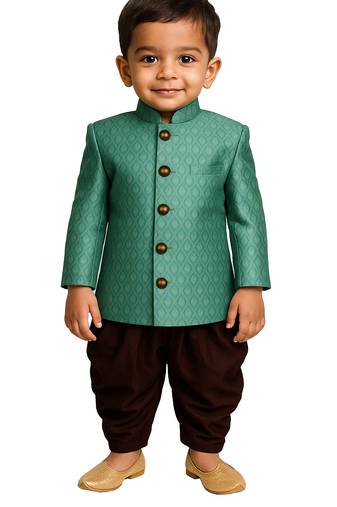 Jbn creation boy's green and coffee indowestern sherwani and cowl dhoti pant set
