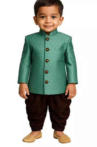 boy's green and coffee indowestern sherwani and cowl dhoti pant set