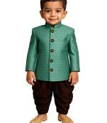 boy's green and coffee indowestern sherwani and cowl dhoti pant set