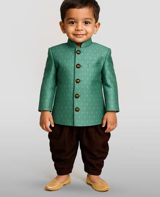 boy's green and coffee indowestern sherwani and cowl dhoti pant set 2