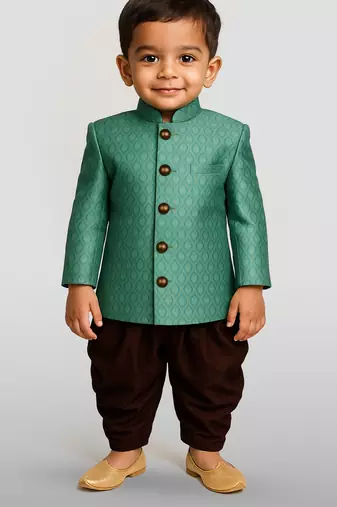 boy's green and coffee indowestern sherwani and cowl dhoti pant set