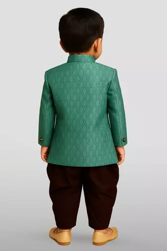 boy's green and coffee indowestern sherwani and cowl dhoti pant set