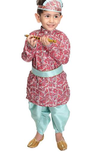 Jbn creation boy's multicolor-base-pink and mint kurta and dhoti set