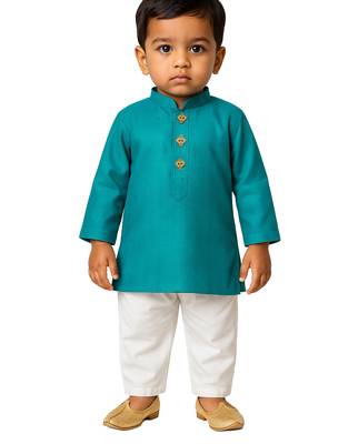 boy's cyan pure cotton kurta pyjama set 1