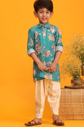 Jbn creation boys' multicolor base turquoise kurta patiala set