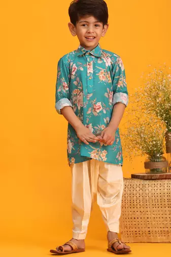 boys' multicolor base turquoise kurta patiala set