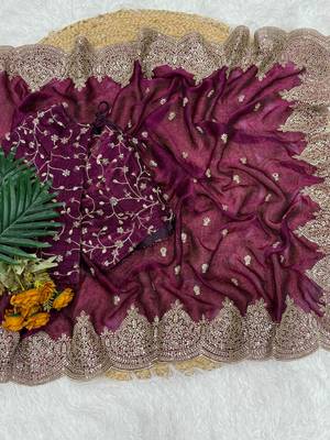 Wine Color Embroidered Sequins Chiffon Saree 1