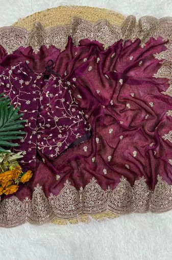 Wine Color Embroidered Sequins Chiffon Saree