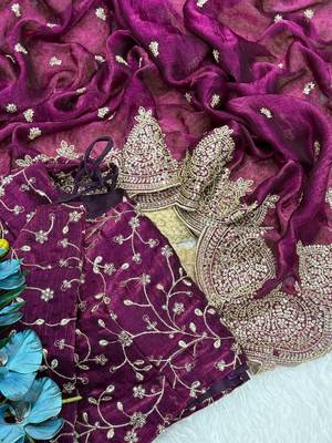 Wine Color Embroidered Sequins Chiffon Saree 2