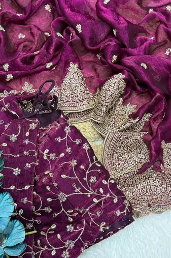 Wine Color Embroidered Sequins Chiffon Saree