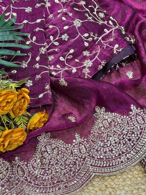 Wine Color Embroidered Sequins Chiffon Saree 3