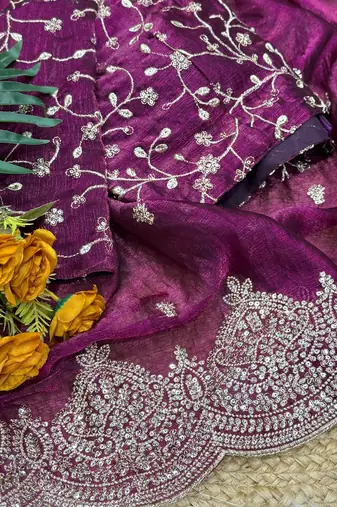 Wine Color Embroidered Sequins Chiffon Saree
