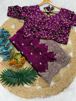 Wine Color Embroidered Sequins Chiffon Saree 4
