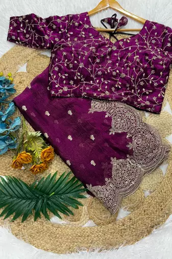 Wine Color Embroidered Sequins Chiffon Saree