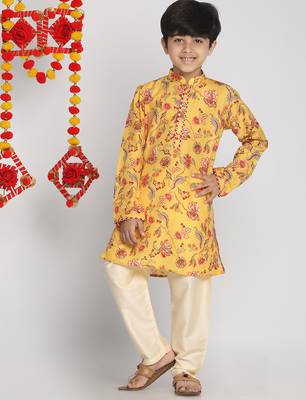 boys' multicolor-base-mustard and cream kurta pyjama set 1