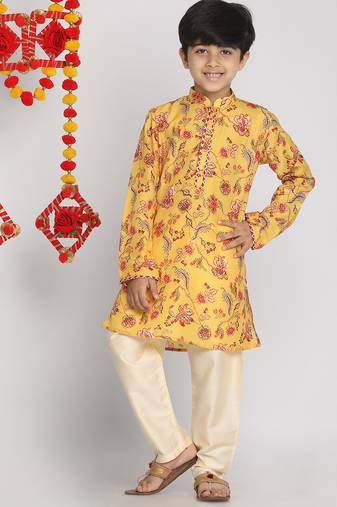 boys' multicolor-base-mustard and cream kurta pyjama set