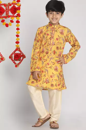 boys' multicolor-base-mustard and cream kurta pyjama set
