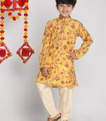 boys' multicolor-base-mustard and cream kurta pyjama set