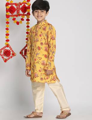 boys' multicolor-base-mustard and cream kurta pyjama set 2