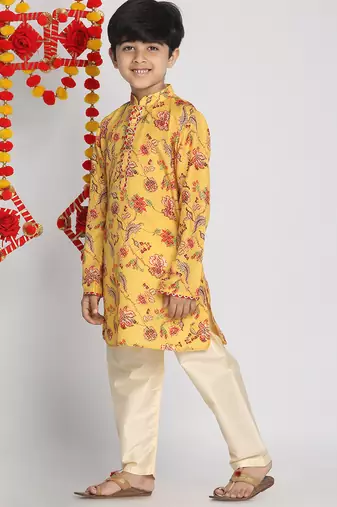 boys' multicolor-base-mustard and cream kurta pyjama set