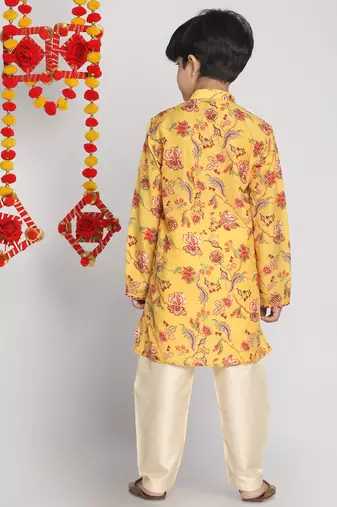 boys' multicolor-base-mustard and cream kurta pyjama set