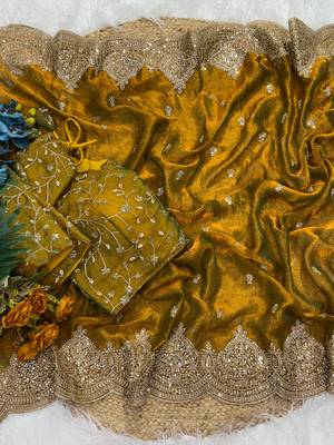 Mustered Yellow Color Embroidered Sequins Chiffon Saree 1