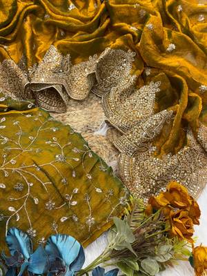 Mustered Yellow Color Embroidered Sequins Chiffon Saree 2