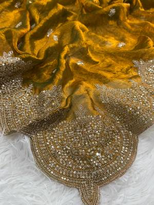 Mustered Yellow Color Embroidered Sequins Chiffon Saree 3