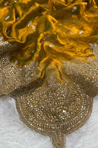 Mustered Yellow Color Embroidered Sequins Chiffon Saree