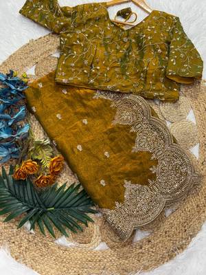 Mustered Yellow Color Embroidered Sequins Chiffon Saree 4