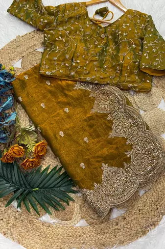 Mustered Yellow Color Embroidered Sequins Chiffon Saree