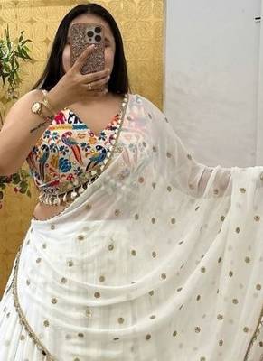 White Color Sequins,Digital Print With Real Mirror Work Georgette Lehenga Choli 1