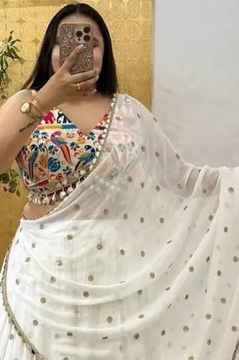White Color Sequins,Digital Print With Real Mirror Work Georgette Lehenga Choli
