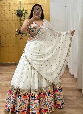 White Color Sequins,Digital Print With Real Mirror Work Georgette Lehenga Choli 2