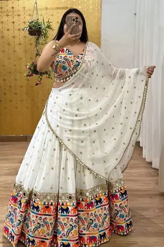 White Color Sequins,Digital Print With Real Mirror Work Georgette Lehenga Choli