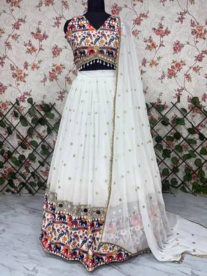 White Color Sequins,Digital Print With Real Mirror Work Georgette Lehenga Choli 3