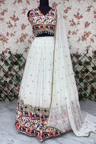 White Color Sequins,Digital Print With Real Mirror Work Georgette Lehenga Choli