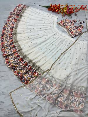 White Color Sequins,Digital Print With Real Mirror Work Georgette Lehenga Choli 5