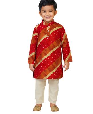 boys maroon rayon kurta with cream pyjama - traditional lehariya print set 1
