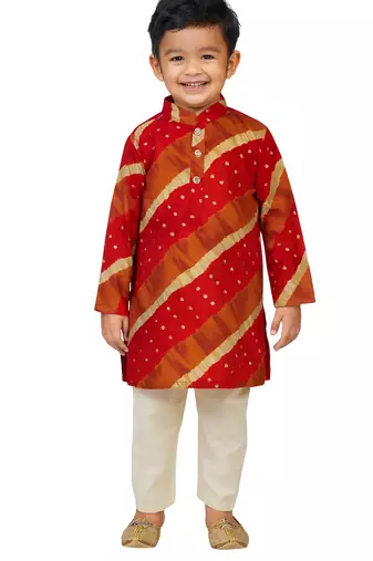 Jbn creations boys maroon rayon kurta with cream pyjama - traditional lehariya print set