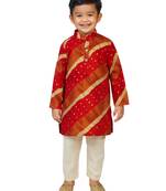 boys maroon rayon kurta with cream pyjama - traditional lehariya print set